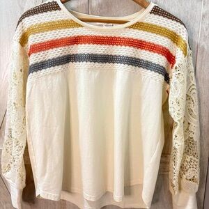 Striped Lace Sleeve Women's Top